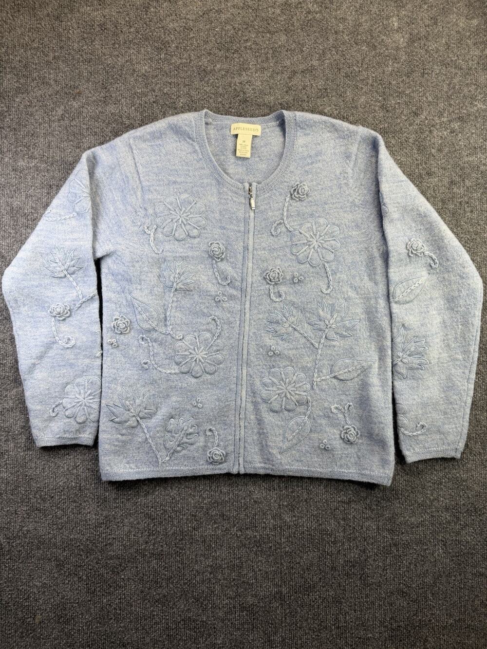 Appleseeds 100% Wool Floral Embroidered Cardigan Women’s M Grandma Cottagecore